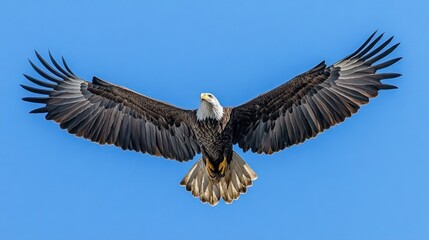 Obraz premium Majestic bald eagle soaring, wings outstretched, clear blue sky, freedom concept