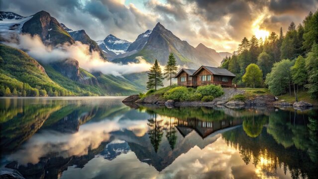 Breathtaking Double Exposure of Norway Mountain Cabin in Stranda with Majestic Landscapes and Serene Nature Vibes