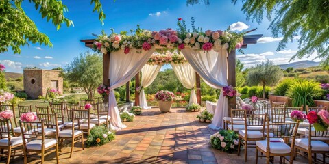 Fototapeta premium Breathtaking Floral Decorations for Outdoor Wedding Ceremony in Estancia - Vibrant Blooms, Rustic Setting, Dreamy Atmosphere, Perfect for Celebrations and Events