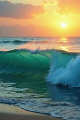 Obraz premium Emerald green wave breaks against the shore at dawn, beach, turquoise