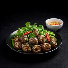 plate of Vietnamese ốc bươu nhồi, stuffed snails with lemongrass, on a black background, served with a ginger fish sauce dip.	