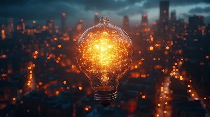 A glowing lightbulb with intricate filaments against a blurred cityscape at night time scene view