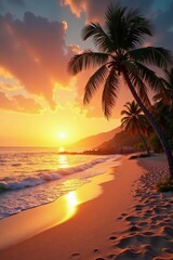 Fototapeta premium Warm sandy beach at sunset with swaying palm trees, tropical beach, distressed photography