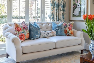 Elegant Off-White Sofa with Floral Pillows and Spring Decor