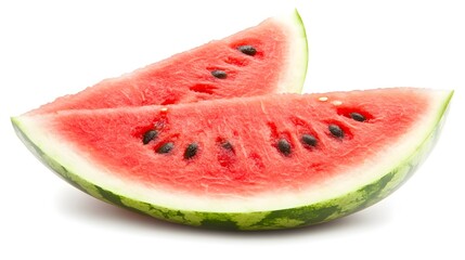 Two juicy slices of ripe watermelon, showcasing vibrant red flesh and black seeds, isolated on a white background. Perfect for summer themes.