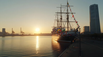 Sunrise Over Historic Ship In Harbor City