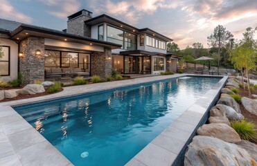 the front view of a modern and elegant home in Los Angeles with a pool, a large wall behind it made from white stone, glass windows, a two-story house