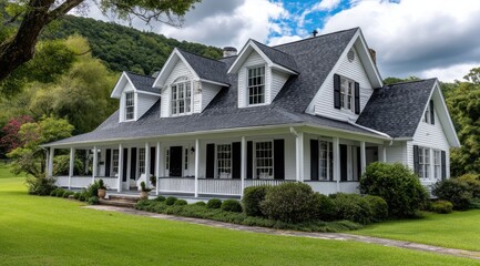 Obraz premium A beautiful two-story country house with white walls, black shutters and large windows on the second floor, a spacious front porch with railings overlooking green grass in spring