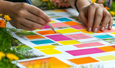 Obraz premium A person analyzing colorful design layouts outdoors amidst vibrant flowers and greenery