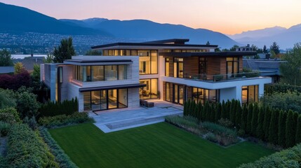 Fototapeta premium A modern-style single-family house in a quiet suburban green, minimalist design with floor-to-ceiling Windows and natural wood finishes, and clean roof lines that show an elegant geometric aesthetic.