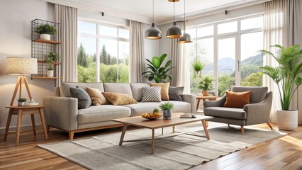 Fototapeta premium Cozy Modern Living Room Night Photography: Stylish Interior Design with Warm Lighting & Comfortable Furniture