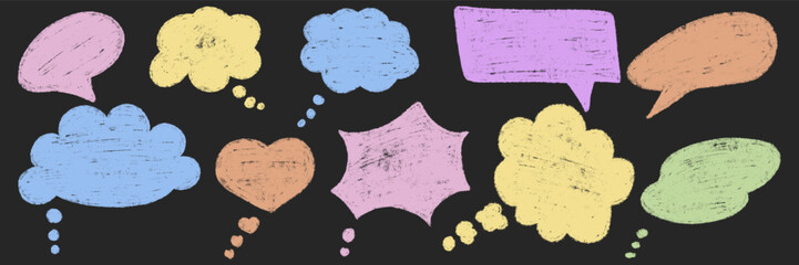 Pastel chalk textured speech bubbles set. Different blank chat empty dialog balloon. Comic cloud bubble shapes. Hand drawn grunge pencil doodle conversation message icon. Vector illustration isolated