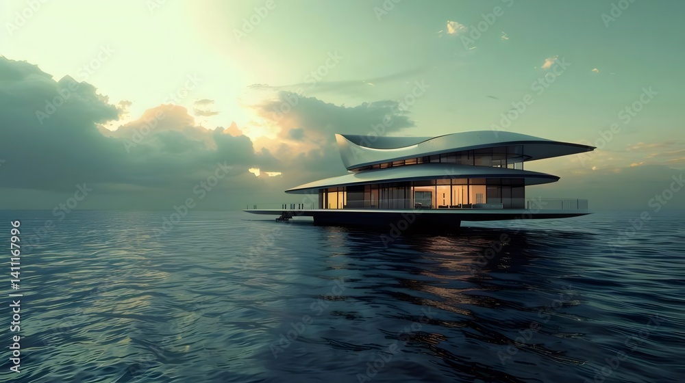 Poster 水上に浮かぶモダンな建物 夕暮れ時の穏やかな海と空 太陽光が差し込む建築デザイン