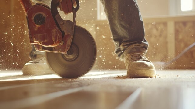 Carpenter using a circular saw to cut wood for a floor project. Featuring craftsmanship and focus