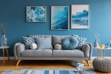 A blue living room wall with three white-framed art prints on it, a navy sofa and wooden coffee table