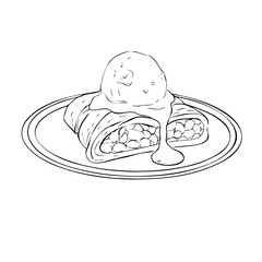 Coloring book strudel with apples and a ball of ice cream. Vector illustration
