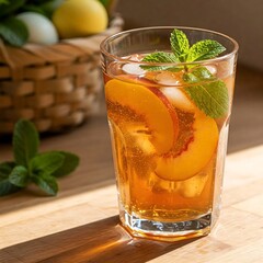 Fototapeta premium A clear glass of iced tea with peach slices and mint leaves, with sunlight casting shadows and a blurred Easter basket in the background 