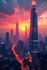 Fototapeta premium Futuristic cityscape at sunset with sleek skyscrapers and neon lights, modern, futuristic city