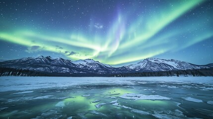 Naklejka premium Spectacular aurora australis lighting up sky over snow covered mountain range green purple ribbons of light swirling above faint stars scattered across deep blue sky icy landscape reflecting lights