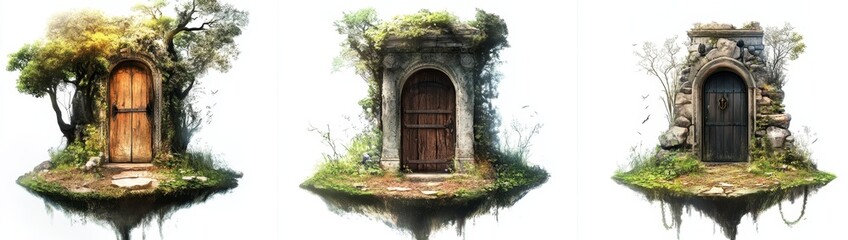Three Floating, Ancient Doors in Lush, Enchanting Landscapes