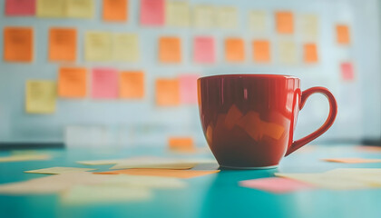 A red coffee mug sits on a teal desk surrounded by colorful sticky notes, creating a vibrant workspace