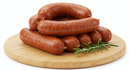 Smoked Sausages Still Life: Rustic Meat on Wood with Rosemary, Culinary Food Photography 