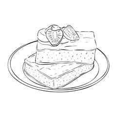 Coloring a cake on a plate with strawberries. Vector illustration