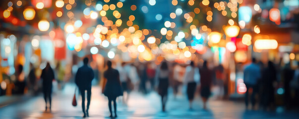 A busy city street with people walking and a blurry background. Scene is lively and bustling