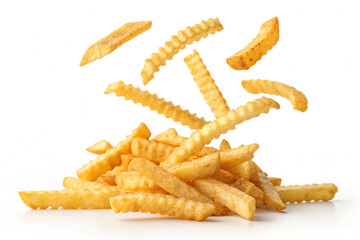 Crinkle cut fries falling in mid-air isolated against white background for crispy snack photography