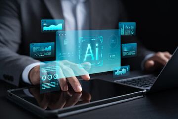 AI Agent Human Assistant, Businessman Using Laptop and Tablet Chatting with AI Agent Using Commands...