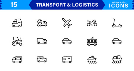 Professional Transport and Logistics Icons. This Set Includes Vehicles, Delivery, and Supply Chain Symbols for Efficient Projects.