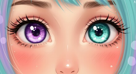 Colorful close-up of an anime character with striking purple and teal eyes, featuring soft pastel hues and whimsical details set in a dreamy background Generative AI