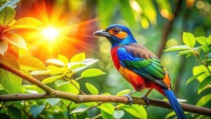 Fototapeta premium Drone Photo: Vibrant Bird on Branch, Sunny Nature Scene, Aerial View, High-Resolution Wildlife Photography
