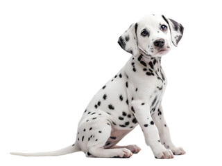 A white and black dog is sitting on a white background. The dog has a black nose and black eyes