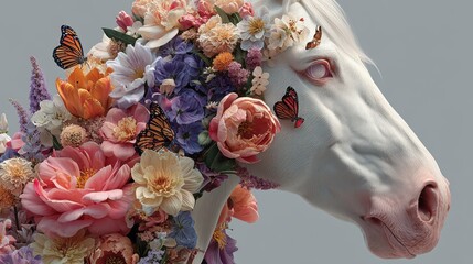 magical unicorn with flowers in its mane and butterflies around on a white background,stock photo