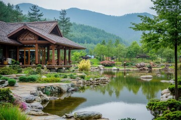 Fototapeta premium Tranquil Landscape View of a Serene Modern Pavilion Beside Water