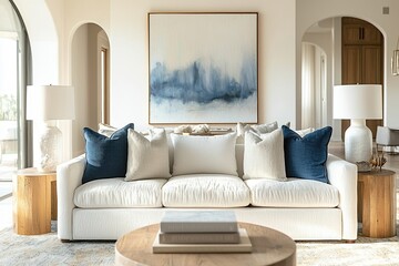 Coastal Living Room Design with Blue Abstract Art and Textured Sofa