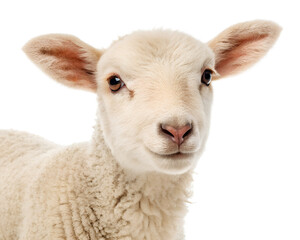 A baby sheep with its head turned to the side and its eyes looking up. The sheep is looking at the camera and he is curious