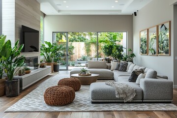 Modern Sectional Sofa in Luxurious Living Room with Garden View