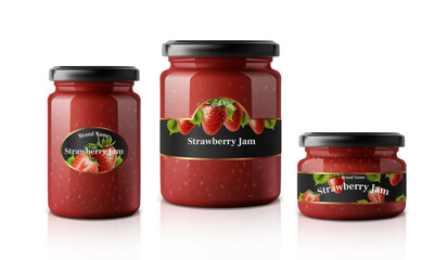 3d realistic vector icon illustration. Set of different glass jars with strawberry jam labels. Isolated on white.