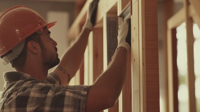 A construction worker checking the alignment of a wall frame. Featuring accuracy and measurement