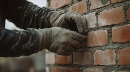 Construction worker applying finishing touches to a brick wall. Featuring craftsmanship and focus