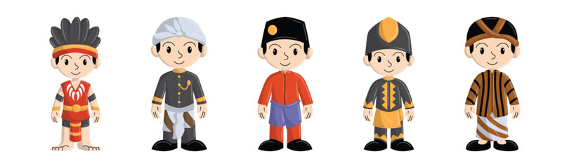 A charming collection of cartoon characters showcasing traditional Indonesian clothing from various regions, celebrating the nation's rich cultural heritage.