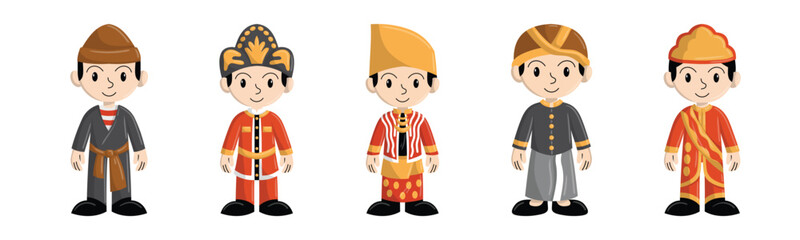 A collection of cartoon characters showcasing the rich diversity of Indonesian traditional clothing, perfect for cultural or educational projects.