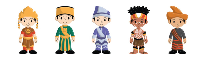 Collection of cartoon characters in different traditional cultural outfits. Perfect for educational materials, cultural events or illustrative projects