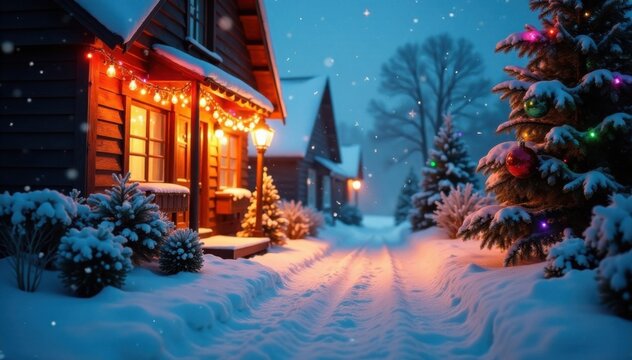 Snowy winter scene with festive decorations and colorful lights, , winter, decoration