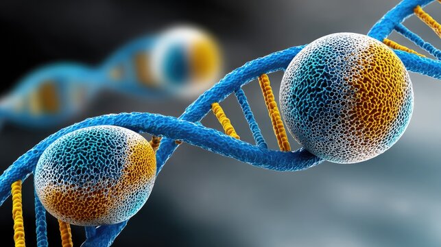 biology cells adaptation concept. Microscopic view of DNA strands with spherical structures, depicting genetic material.