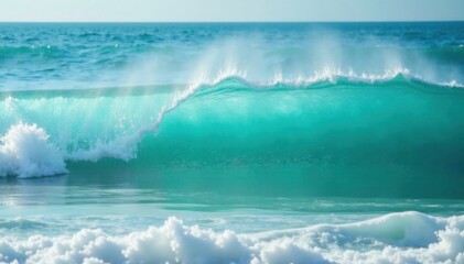 Obraz premium Ocean surf creates a misty veil on the turquoise water's surface , ocean waves spray, ocean mist