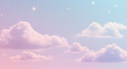 Colorful pastel sky with fluffy clouds and twinkling stars during twilight hours, creating a serene and dreamy atmosphere for peaceful reflection Generative AI