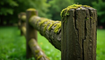 Weathered wooden fence post with moss and lichen growth, tree stump, wood texture